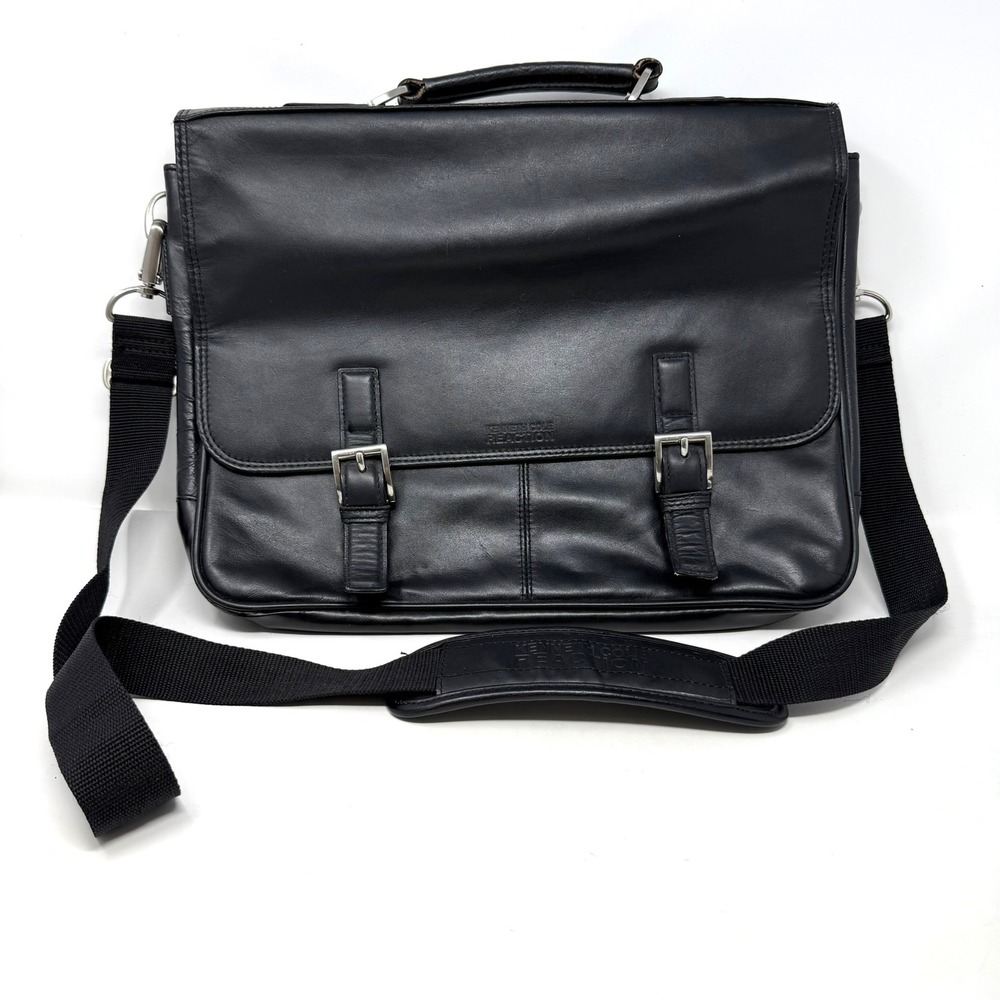 Kenneth Cole Reaction Black Genuine Leather Messenger Bag Briefcase Laptop Case